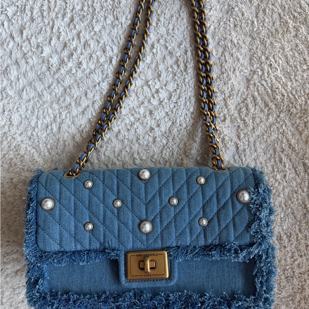 Karl Lagerfeld Denim Blue Pearl-Studded Shoulder Bag